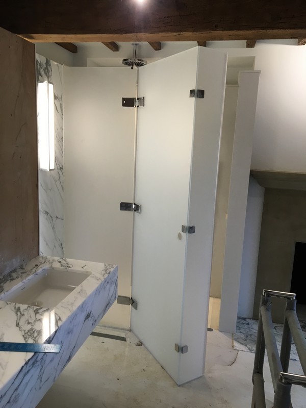 Bespoke frosted glass shower enclosure in Penge luxury bathroom